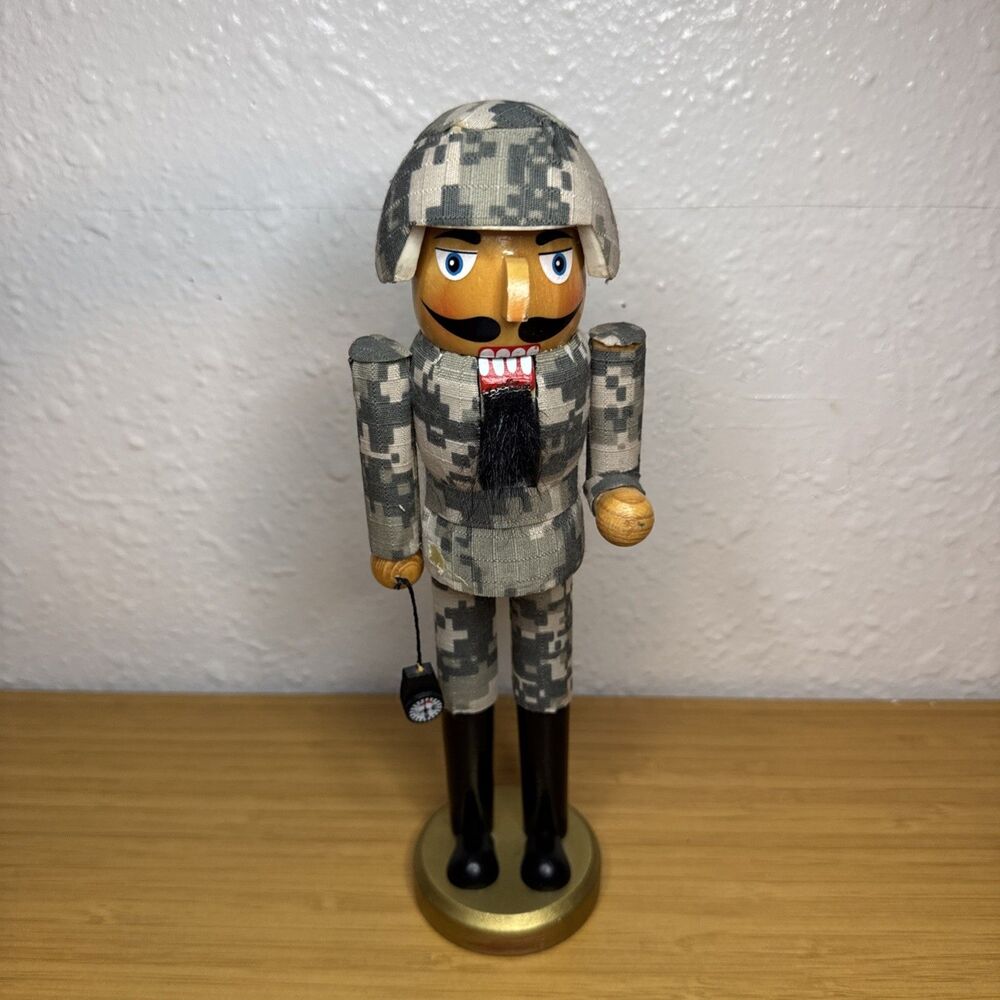 Wooden Military Soldier Nutcracker Camo Fatigue Helmet Figurine Christmas Decor